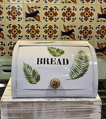 $69 • Buy Retro White Tin Metal Bread Box W/Tropical Green Leaves
