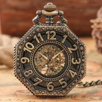 Vintage Style Octagonal Digital Hollow Skeleton Manual Mechanical Pocket Watches • $28.60