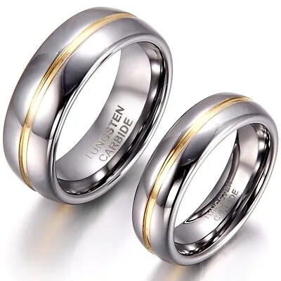 6/8mm Tungsten Carbide Gold Stripe Comfort Fit Wedding Band Ring Men Women • $14.99