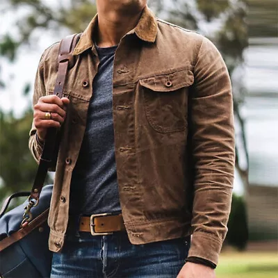 Men's Oil Waxed Canvas Jacket Motorcycle Vintage Slim Work Overalls Casual Coats • £29.41