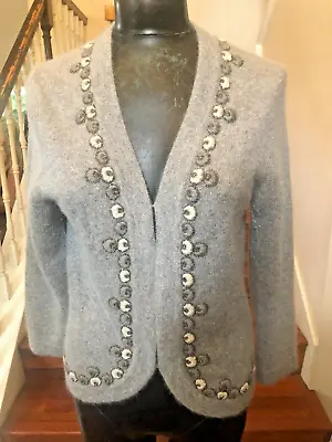 J Crew Women's Open Gray Sweater/Cardigan Embroidered Hook Merino/Angora Large • $28