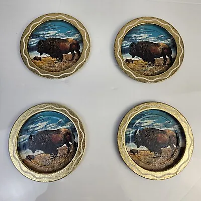 Vintage Ken Haag 1960's SET Of 4 American Bison Buffalo Metal Serving Coasters • $9.99