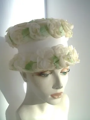 Vtg Womens Fancy Easter Spring Flower Wedding Cake Hat~white Roses & Ribbon Band • $30