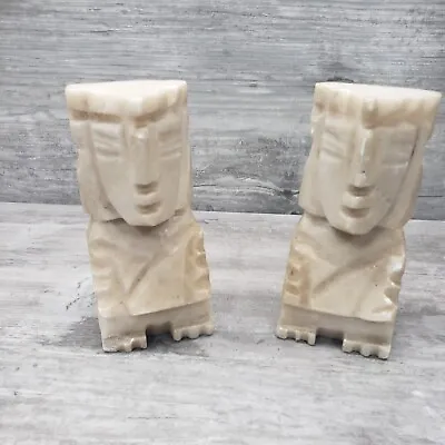 Vintage Stone Totem Bookends Statue Tiki White Onyx Mexico Mayan Mask Lot Of 2 • $25