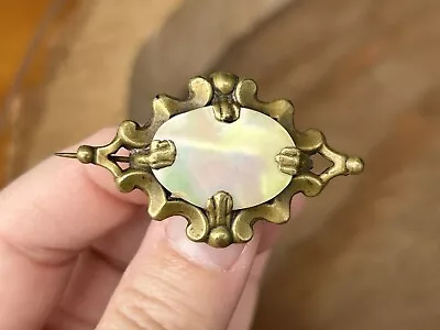 LOOK Antique Brass & Mother Of Pearl MOP Oval Brooch Pin AMAZING Frame & Prongs • $9.99