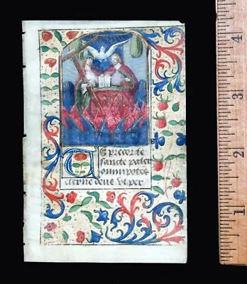 C. 1500 MEDIEVAL BOOK OF HOURS LEAF FRANCE - TRINITY -  ILLUMINATED MINIATURE • $2100