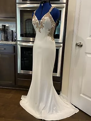 Faviana Glamour White And Gold Beaded Sheer Lace Long Wedding Dress / Ball Gown • $119