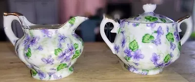 Vintage Lefton China Hand Painted Violet Chintz Cream & Sugar Bowl W/ Lid #794V • $16.99