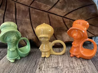 Mid Century Modern Napkin Rings Green Yellow Orange Boy Girl 1970’s Set Of 3 • $33.06