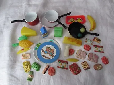 Lot 34 Vintage Toy DISHES Pots Pans Plastic Food Fruits Veggies Dairy++ 1960's • $14