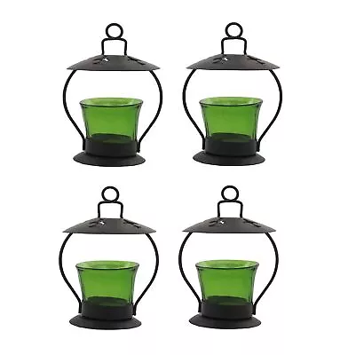 Green Glass Cup Tealight Candle Holder Hanging & Table Top Iron Votive Pack 4 • $48.65