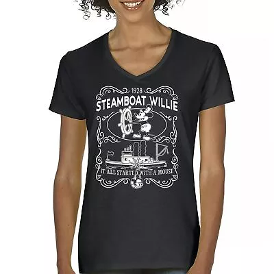 Steamboat Willie 1928 Classic Women's V-Neck T-shirt Vintage Cartoon Mouse Tee • $19.95