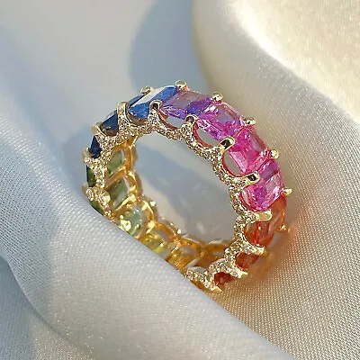 925 Sterling Silver Multi Color Gemstone Band Lab Created Ring &Cubi Zirconia • $69.99