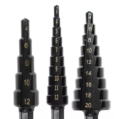 Step Drill Bit Set 3 Pieces Titanium Coated For Wood & Metal Hole Cutter - 3-12 • £9.98