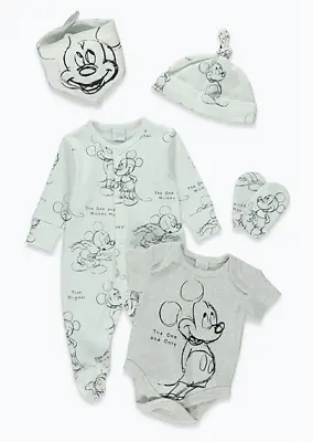 Disney Mickey Mouse 5pc New Baby Starter Pack Layette Gift Set Unisex Outfit 6-9 • £16.99