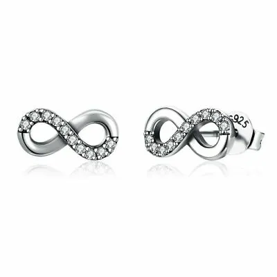 Double Infinity 925 Sterling Silver Plated CZ Stud Earrings Figure Of Eight UK • £4.78