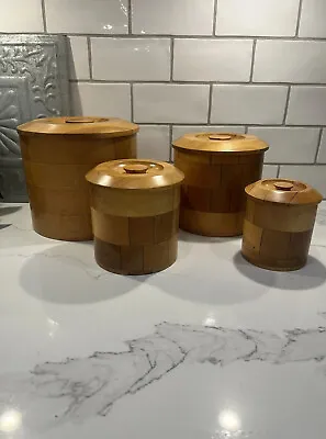 Vintage Mid Century MCM Wood Kitchen Canisters 4 Round Nesting Japan • $50