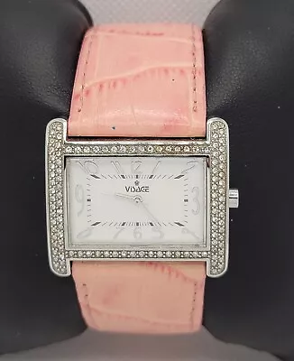 Ladies Visage Rectangle Paved Bezel Pink Vera Pell Leather Band Watch I1 • $54.99