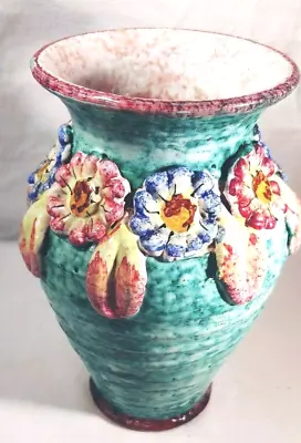 Vintage Italian Art Pottery Vase Applied Flowers Speckled Glaze 7.25  X 5  • $44.95