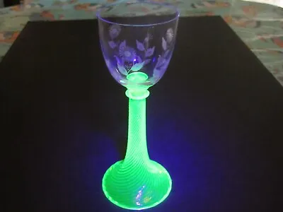 Antique Bohemian Moser Wine Glass W Green Vaseline Glass Long Swirl Pattern Stem • $39