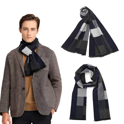 Navy Men's Long Scarves Wool Shawl Stole Scarf Winter Soft Warm Check Wraps 🔆 • £5.99