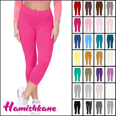 Womens Ladies Stretchy 3/4 Crop Leggings Plain Workout Fitness Capri Active Pant • £6.58