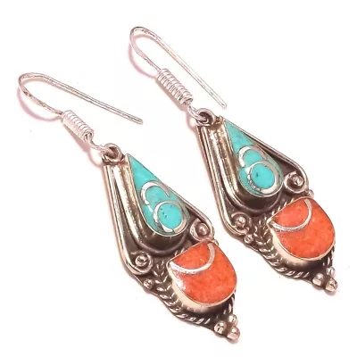 Tibetan Turquoise Red Coral Handmade Drop/Dangle Nepalese Earrings 2.20  NE 5045 • $6.49