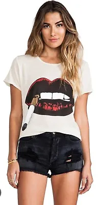 $69 • Buy Lauren Moshi Small Edda Cigarette Lip T Shirt Slub Rolled Short Sleeve Ivory Red