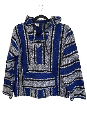 Artilana Mexican Baja Poncho Hoodie Surfer Pullover Striped Blue Grey Size M • $17