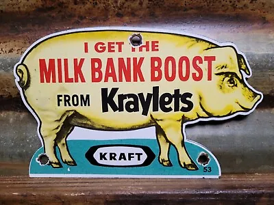 Vintage Kraft Porcelain Sign 1953 Kraylets Dairy Farm Milk Bank Boost Cream Pig • $150.18