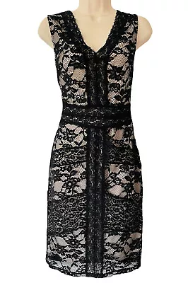 Oasis Black & Nude Lace Shift Dress - Size Small UK10 Floral Pencil Wiggle Party • £3.95