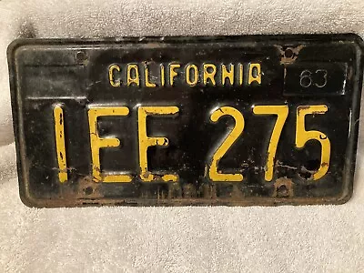 Vintage 1963 California License Plate Black Yellow #IEE 275 • $14.99