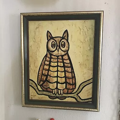 $75 • Buy Vintage Amazing Canvas Board Owl Oil Painting Signed 1972 Retro Framed 19x23