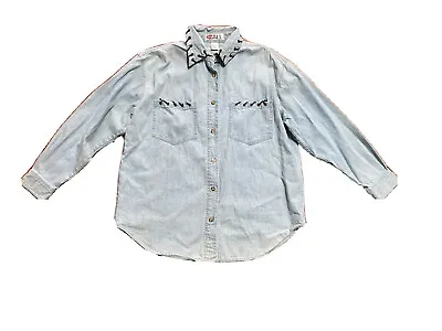 Vintage Denim Button Down Shirt Leather Laced Pocket & Collar Embellishment • $6