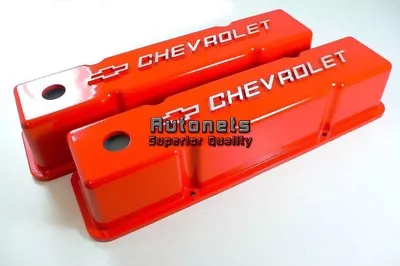$216.66 • Buy Orange Cast Aluminum Valve Cover Small Block Chevy Bowtie Logo 283 305 327 350
