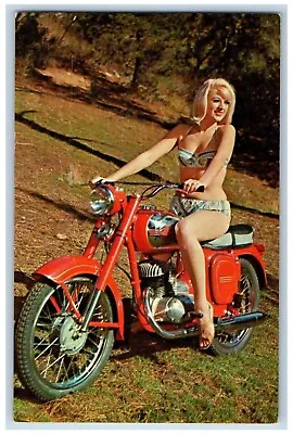 Pretty Woman Postcard Riding Motorcycle JAWA World's Best Two Stroke C1960's • $19.47