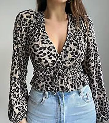 ZARA L Top Black Cream Leopard Print Faux Wrap Smocked Long Sleeve V Neck EUC • $19.54