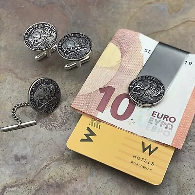 Handmade Money Clip Tie Tack Cufflinks Lot  Modern Buffalo Nickel 5 Cent Coin • $19.99