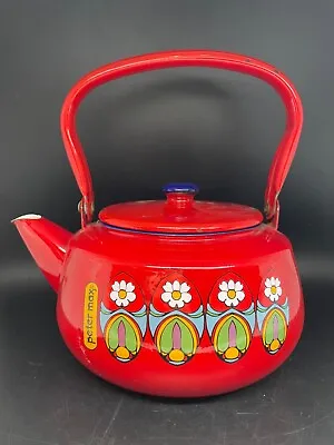 Vintage Peter Max Enamel  Tea Pot Red Mod Psychedelic￼ Bright Enamel • $125