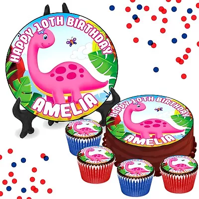 Dinosaur Pink PERSONALISED Edible Cake Cupcake Toppers Girl Kids Birthday Party • £4.09