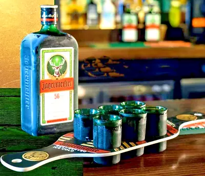 Jagermeister 6 Embossed Shot Glasses & Paddle/Holder Pub Bar Man-cave  Jagerbomb • £18.99