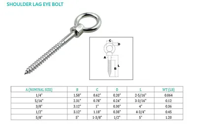 Stainless Steel Screw Lag Eye Bolt Size 1/4  5/16  3/8  1/2  • $12.99