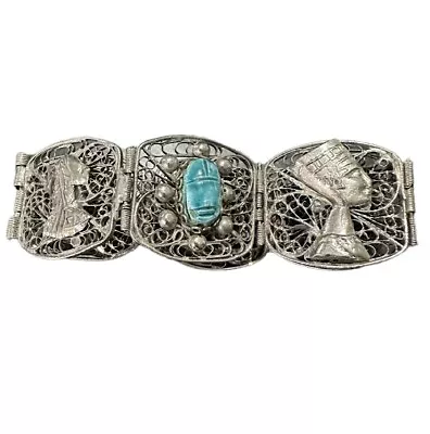 Women’s Vintage Bracelet Egyptian Blue Beetle Nefertiti Silver • $34