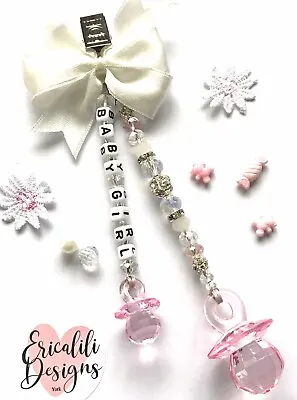 DiamantÉ Pram Charm Clip Dummy Crystal White Pink Girl Bag Baby Shower Gift • £9.95