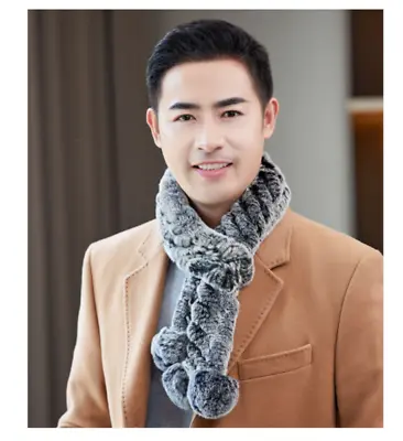 Men Real Rex Rabbit Fur Scarf Winter Warm Neckerchief Muffler PomPom Black Grey • $22.09