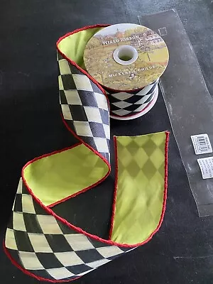 Mackenzie Childs Sold By The Yard COURTLY HARLEQUIN Lime Back 3  Wire RIBBON • $8.99