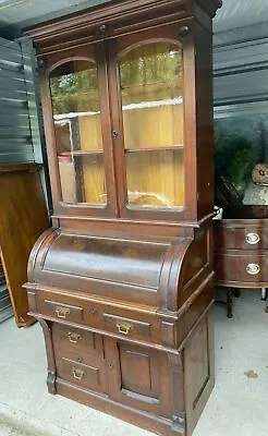 Antique Victorian Burl Walnut Cylinder Roll Secretary Desk • $1400