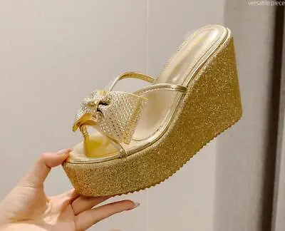 Womens Fashion Summer Peep Toe Diamante Bowknot Slippers Wedge High Heels Shoes • $46.54