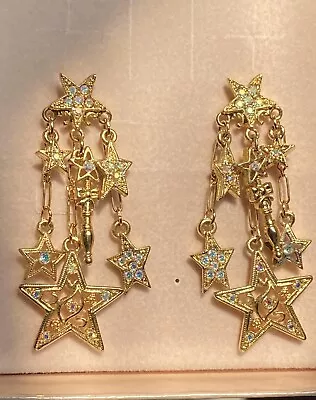 Vintage KIRKS FOLLY Crystal Stars & Magic Wand Dangle Earrings Goldtone NEW-RARE • $75