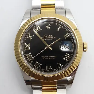 Scrambled Rolex 116333 Datejust II 41 18K Yellow Gold Steel Black Roman Watch • $10888